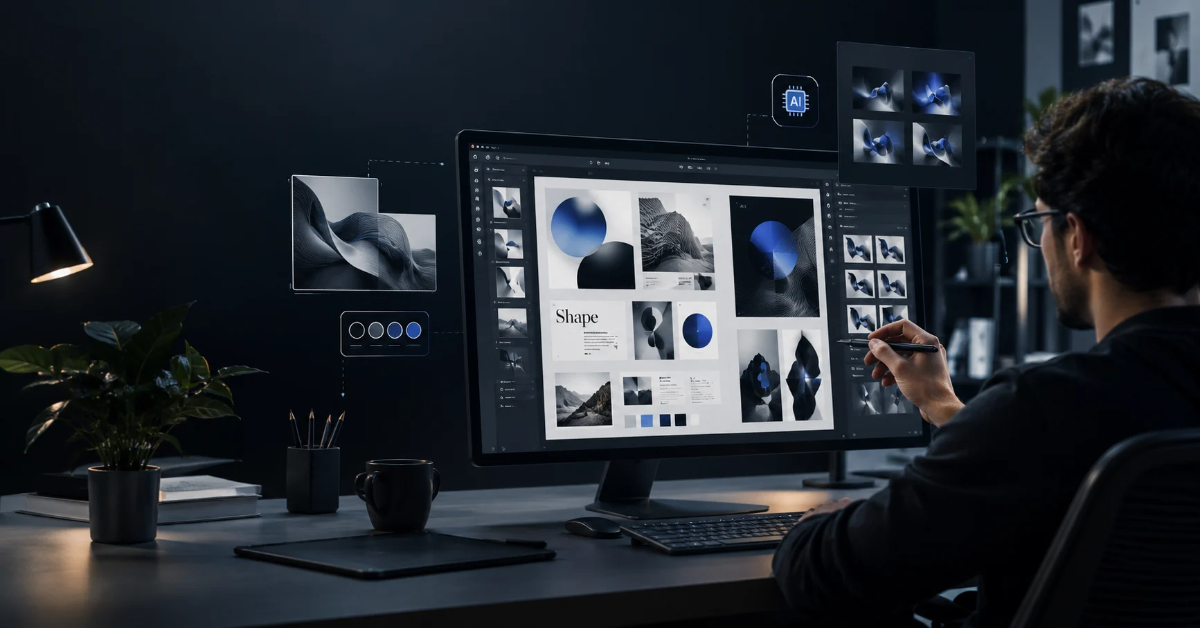 AI-assisted graphic design workflow showing a designer using AI for creative exploration