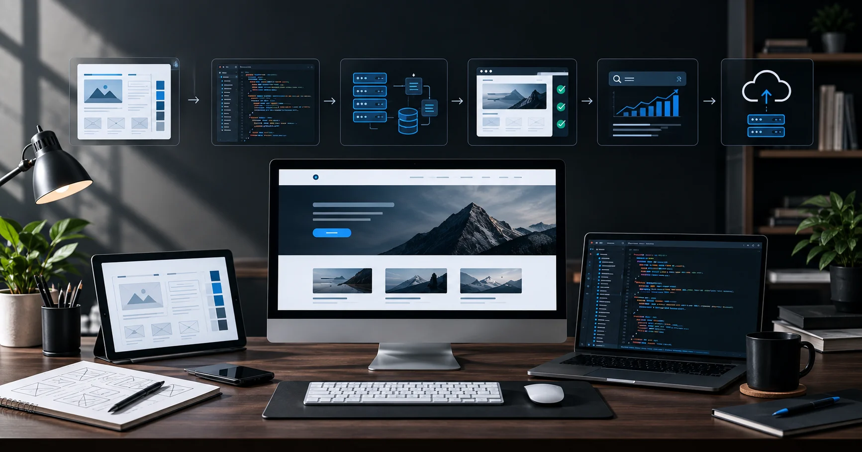 Modern web development workflow from UI/UX design and coding to testing, SEO and deployment
