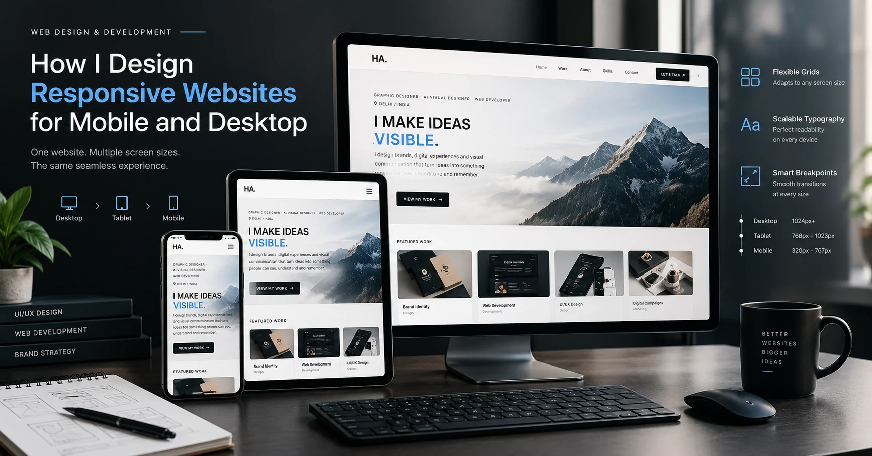 Responsive web design showing a website adapting across mobile, tablet and desktop screens