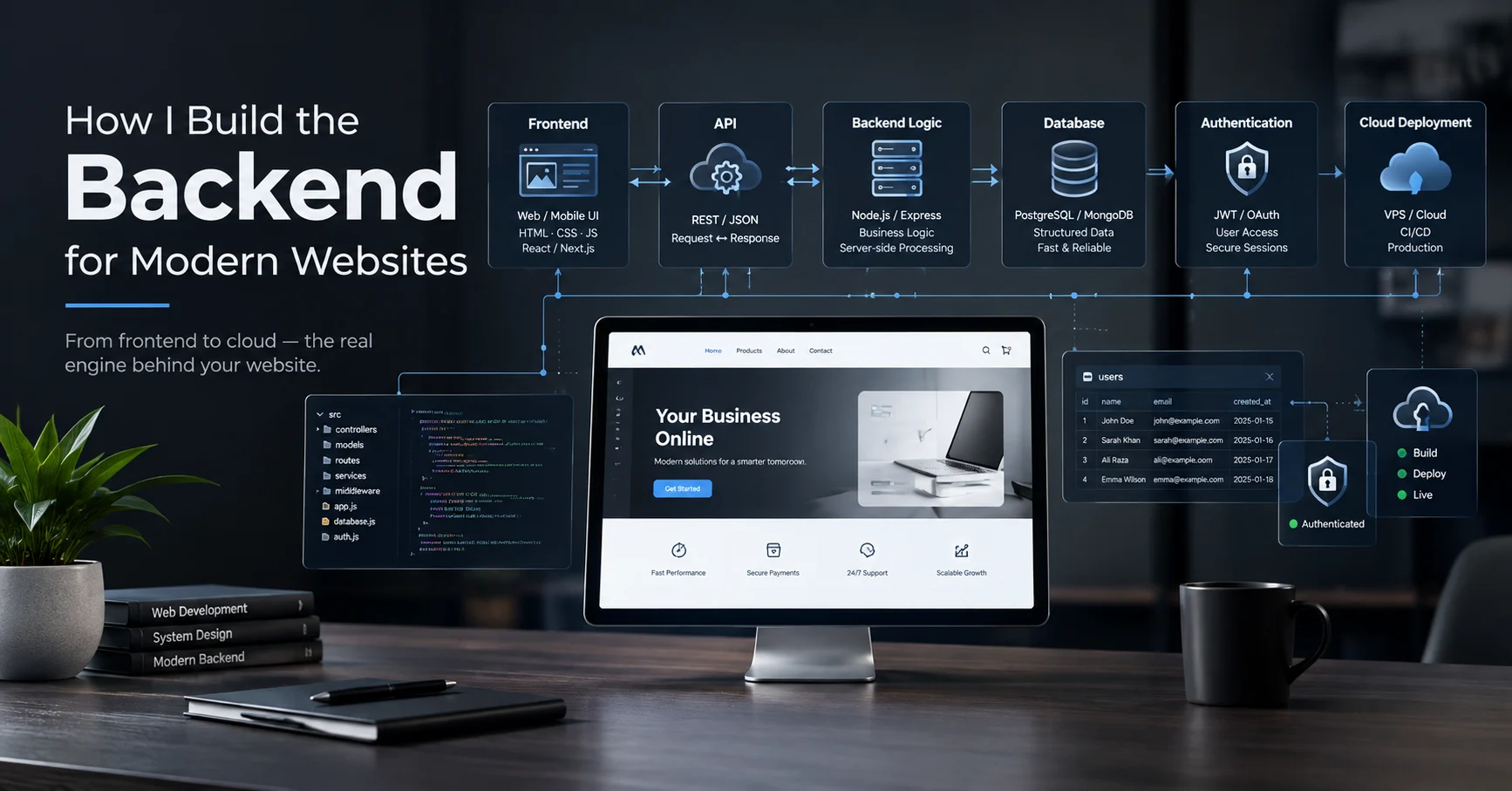 Modern website backend architecture connecting APIs, databases, authentication and cloud deployment